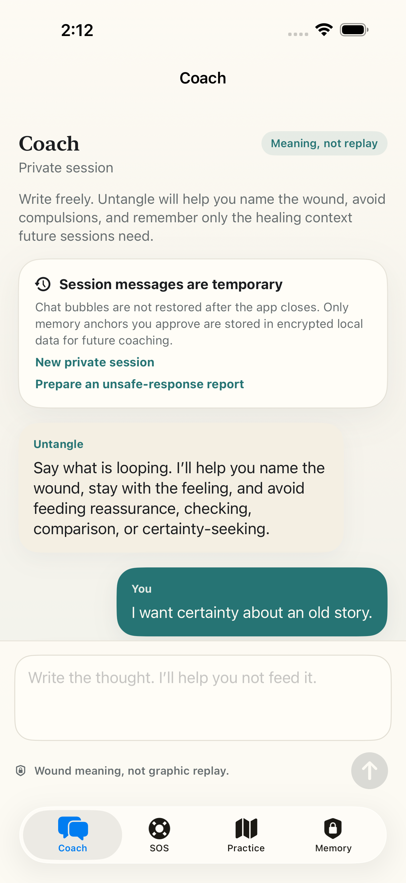 Untangle’s Coach introduction and an illustrative user message about wanting certainty over an old story.